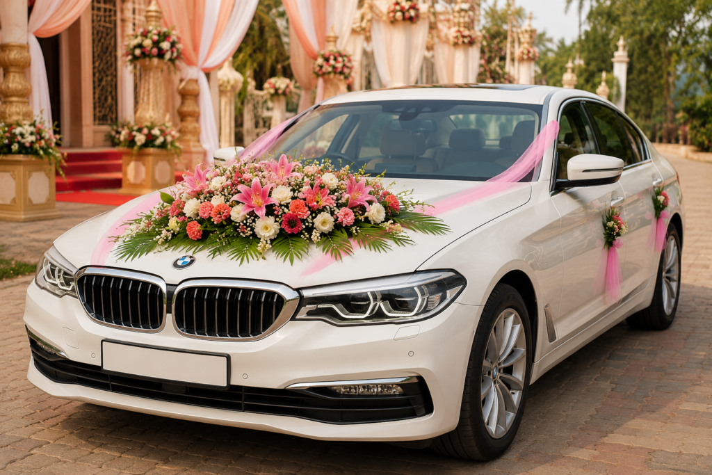 Luxury wedding car rental service with decorated premium car